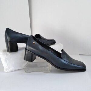 Stylish 90's Navy Leather 'Status' Slip On Square Toe Block Heel Shoes Sz 8.5